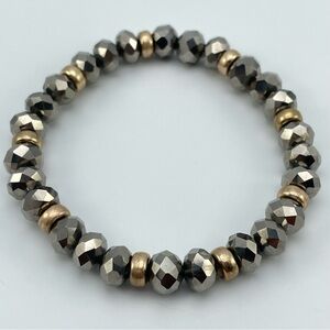Faceted Hematite Beaded Stretch Bracelet with Gold Spacer Accents